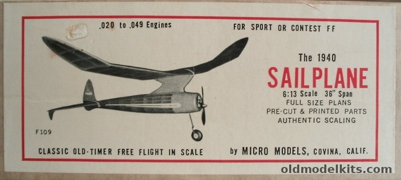 Micro Models 6/13 The 1940 Sailplane (Reproduction) - 36 inch Wingspan Free Flight Balsa Airplane Model, F109 plastic model kit